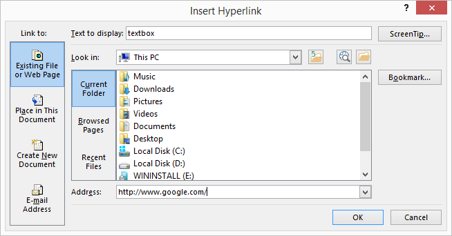 Ins ert Hyperlink window > Existing File or Web Page > add an external http link to google.com