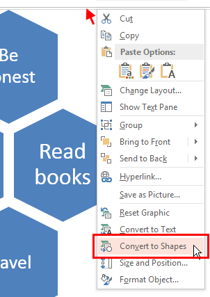 Right click on a SmartArt frame > Convert to shapes